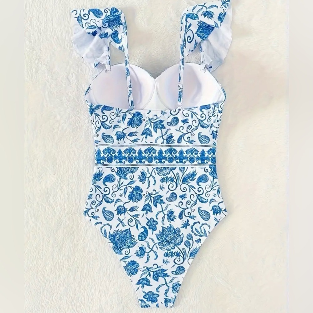 Blue Floral Print V Neck Push Up One Piece Swimsuit - Picture 6 of 8